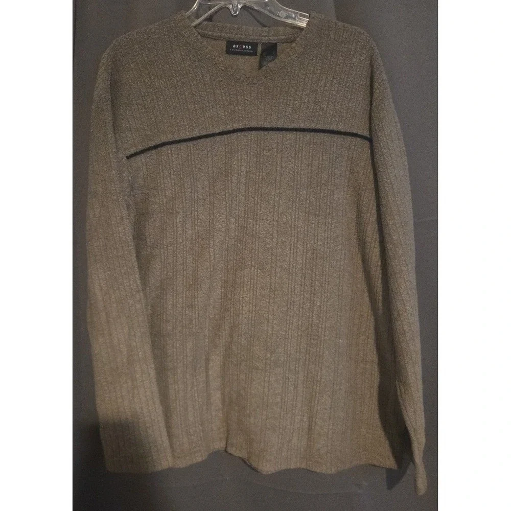 Axcess Liz Claiborne Brown Ribbed V-Neck Sweater, Black Chest Stripe Men's Large